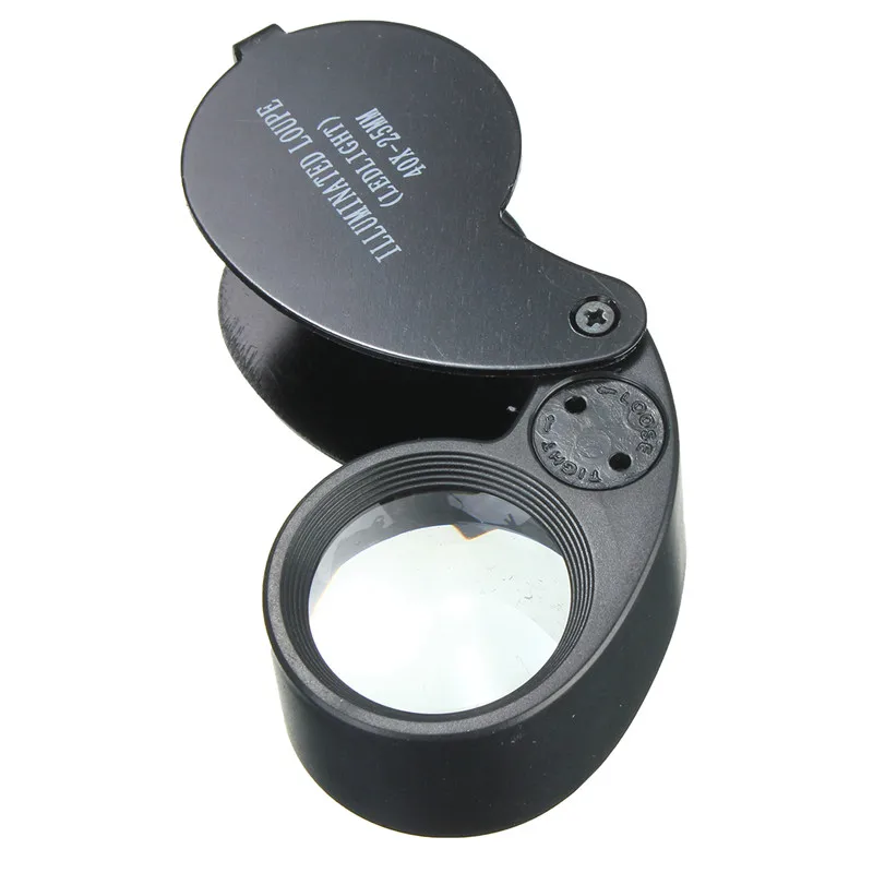 

Hot Selling Illuminated 40X 25mm Jewelers Loupe Magnifier with LED UV Lights Full Metal Folding Optical Lenses Watch Repair Tool