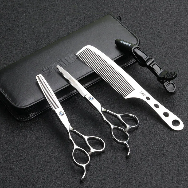Tesoura de Cabelo Brainbow Scissors Esquerda-mão Inoxidável 9cr13 Profissional Cabeleireiro Corte Fino Barbeiro Tesouras Titânio Pente 6.0 Aço 17 cabelo aço inoxidável 9cr13 profissional cabeleireiro corte