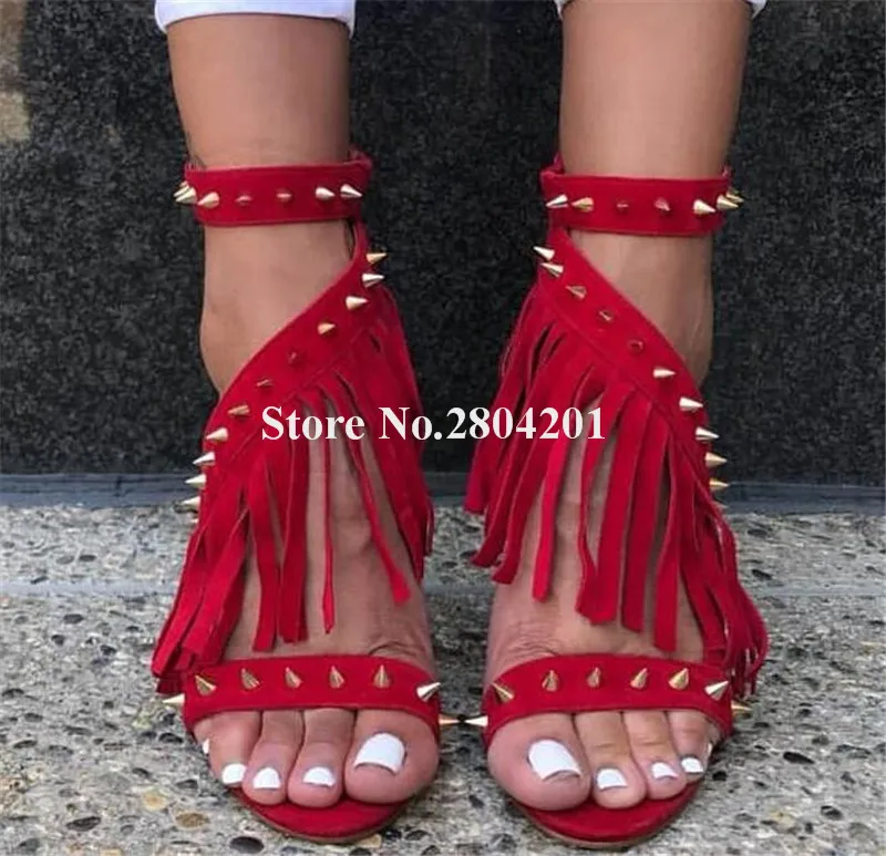 

Western Fashion Style Open Toe Suede Leather Rivet Stiletto Heel Tassels Gladiator Sandals Red Fringes Studded High Heel Sandals
