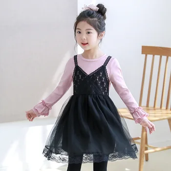 

2018 New Girls Dress Gauze Baby Princess Dress Fake Two Piece Children Mesh Patchwork Dress Kids Lace Dress for Toddler ,#3354