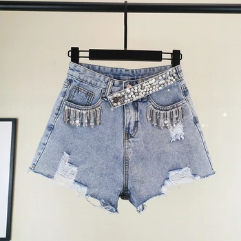

summer new beading women shorts denim tassel wide leg solid blue lady rhinestone hole lady shorts top quality