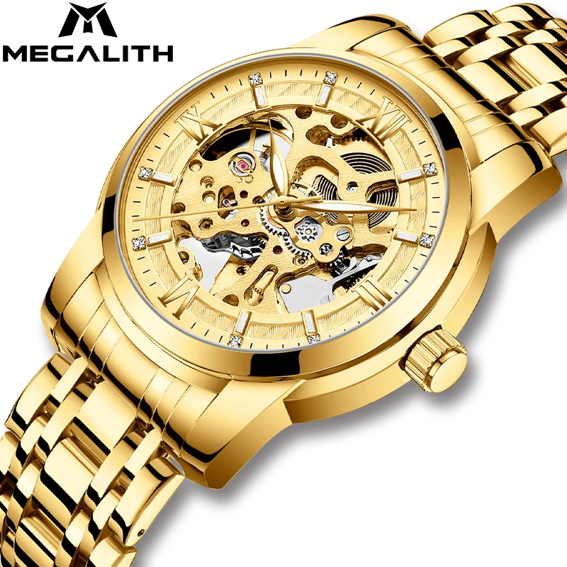

MEGALITH Men Watch Mechanical Top Brand Stainless Steel Luxury Business Watch Men Golden Steel Clock Waterproof Montre Homme