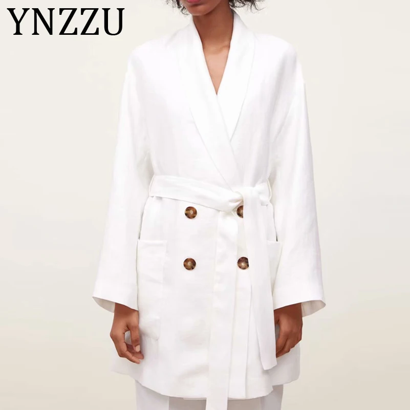 

YNZZU Elegant Long Suit Blazer Women 2019 Autumn Belted Outerwear High Quality OL Blazer Female Jacket White Suit Coat AO991
