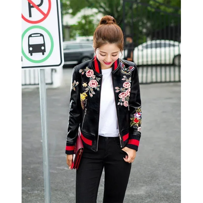 MLinina Print Pu Bomber Jacket Women Slim Short Basic Coat Floral Animal Female Black Zipper Outerwear Short Casual Ma1 Jackets