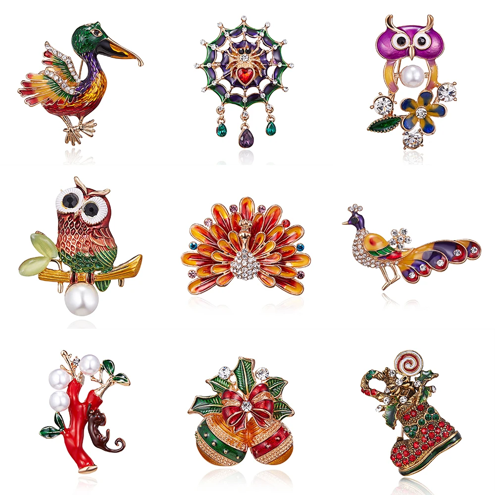 

Christmas Enamel Peacock Bee duck Owl spider Bird Brooches Plant Animal Insect Brooch Pin Jewelry Banquet Weddings Accessories