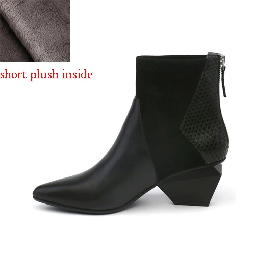Ботинки с острым носком на молнии; женские ботильоны в стиле пэчворк; женская обувь из натуральной кожи на толстом высоком каблуке 6 см; HL42 muyisxi - Цвет: black short plush