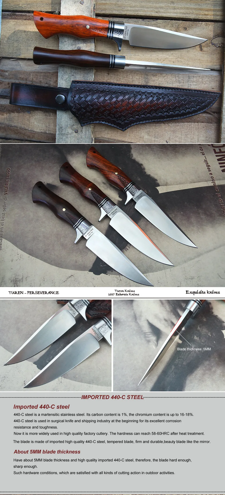 TUREN-ручная работа охотничий нож 440C стальной нож с фиксированным лезвием с кожаной оболочкой деревянная ручка инструменты для выживания на открытом воздухе
