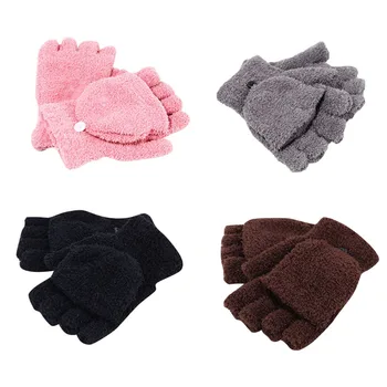 

Girls Coral Velvet Flip Cover Half Finger Winter Hand Warmer Mittens Clamshell gloves flip half refers to computer gloves