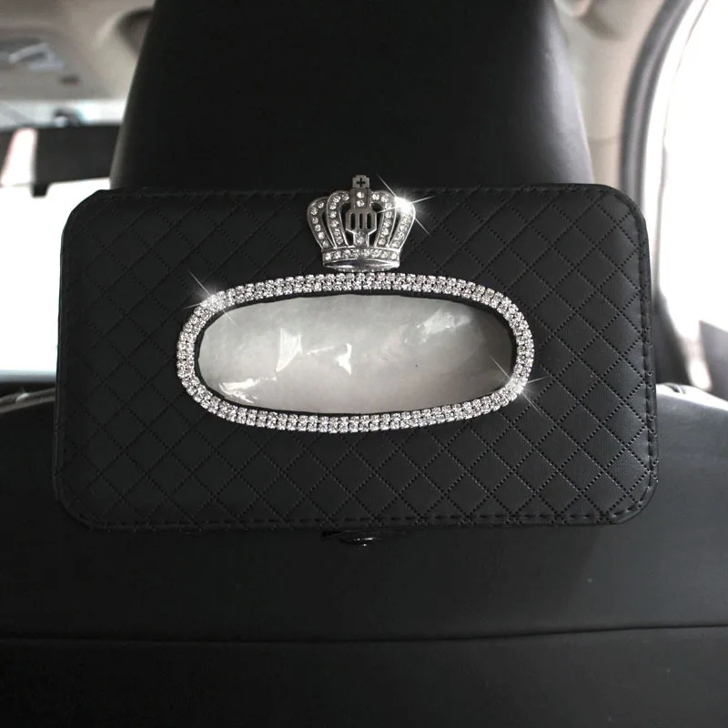 

Crown Crstal Rhinestone Car Tissue Case Box PU Leather Backseat Hanging Paper Towel Storage Covers Auto headrest Back Organizers