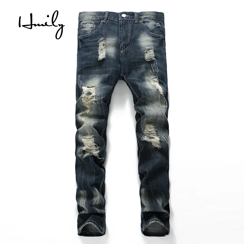 HMILY High Quality Ripped Biker Jeans Mens Distressed Denim Pants Man Torn Patches Stretch Jeans Men Blue Color Trousers HMILY High Quality Ripped Biker Jeans Mens Distressed Denim Pants Man Torn Patches Stretch Jeans Men Blue Color Trousers