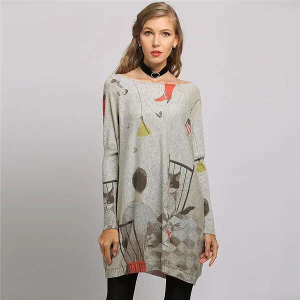 XIKOI Свитер оверсайз платье для женщин пуловер зимняя водолазка Femme теплый длинный джемпер рукав «летучая мышь» прекрасный сопроводительный принт с котом - Цвет: grey