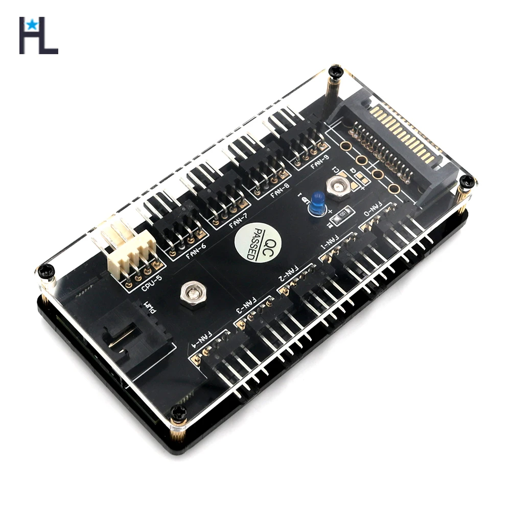 

10 way Fan Splitter Hub with PMMA Case and Magnetic standoff (Power from One 4-Pin Molex or SATA 15-Pin connector)