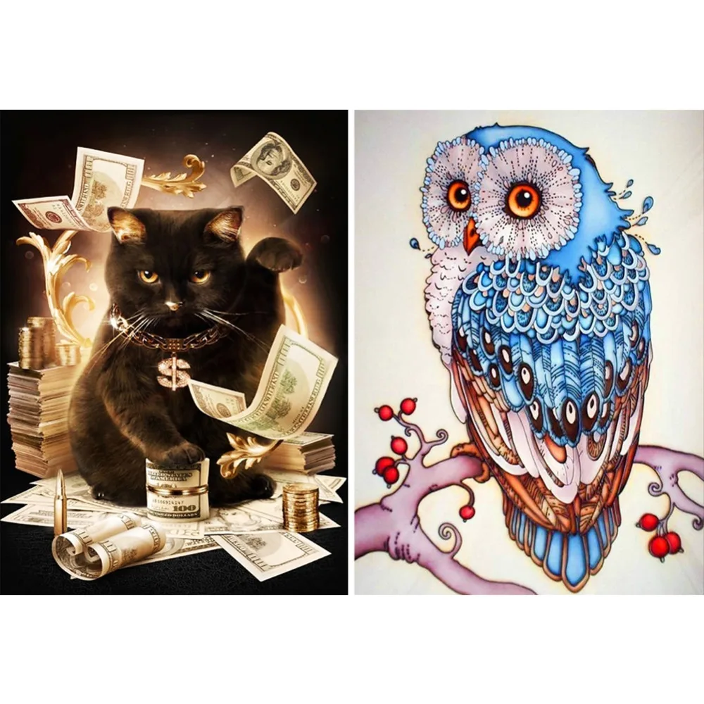 Полный набор для алмазной живописи 5D "Кот и сова", 26x36 см; олень 20x30 см