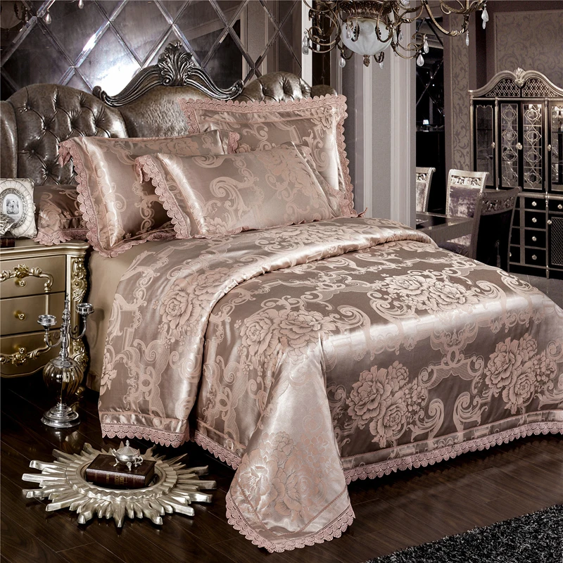 Waliicorners 4-Pcs gold silver lace Jacquard Bed Cover Queen King Size Luxury Bedding Set Silky Bedclothes Duvet Cover Bed Sheet set 52