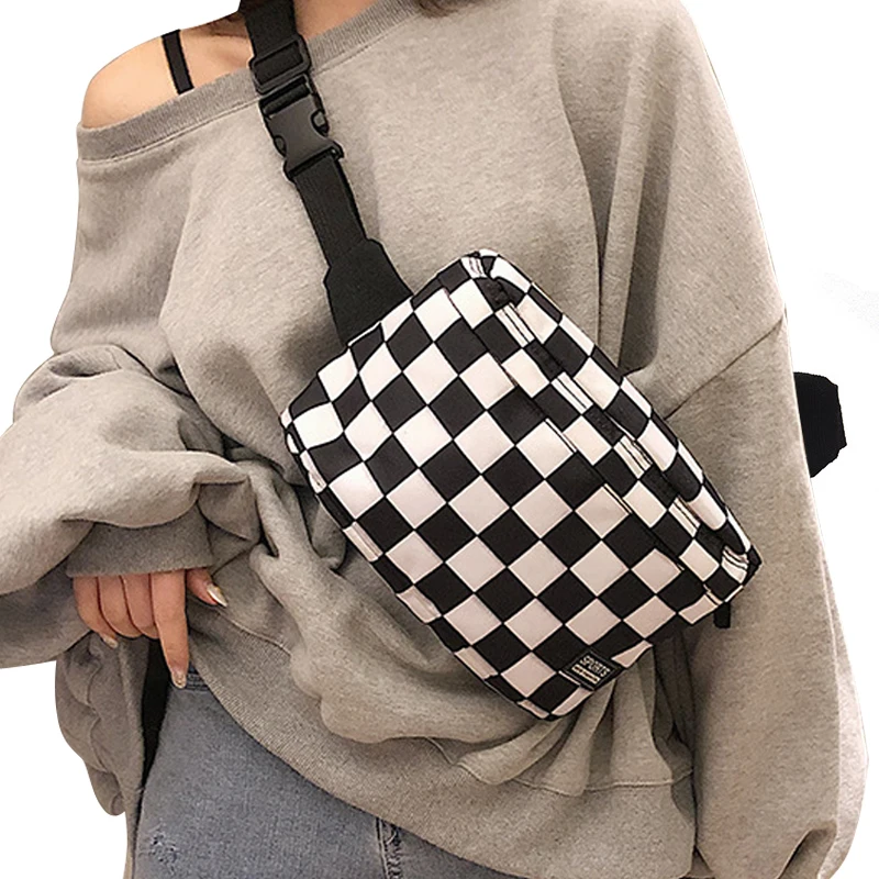 

Women Big Checkboard Waist Bag Female Plaid Crossbody Chest Bags Ladies Large Capacity Black White Plaid Fanny Pack Phone 238