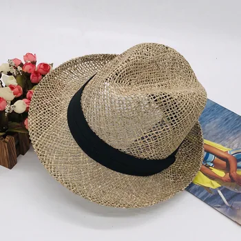 

202005-fuchema8695 new summer Hand-knitted Natural Salt Grass fedoras hat Outdoor men women leisure panama jazz cap