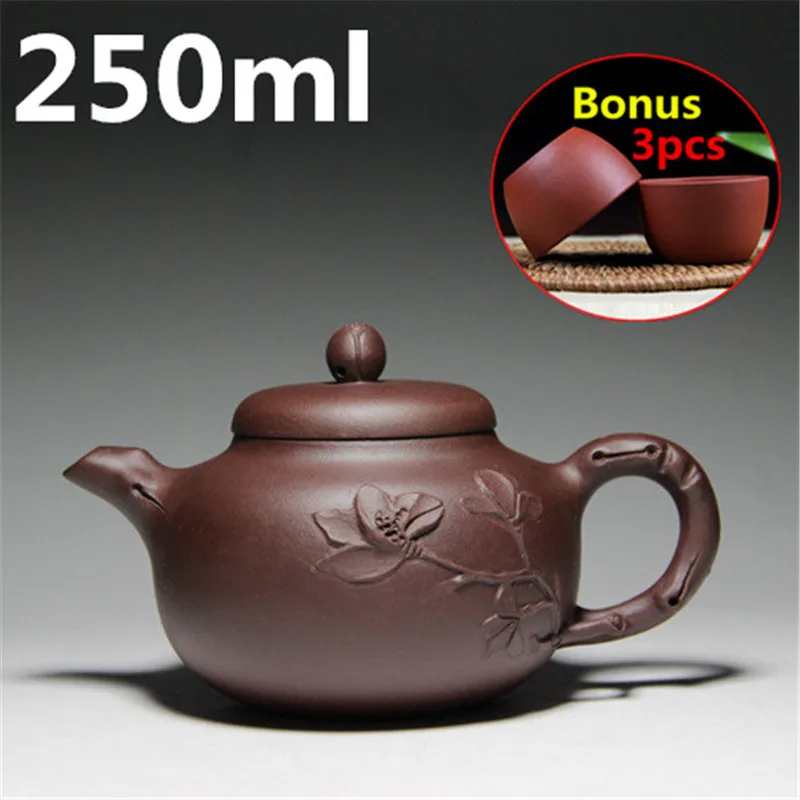

Chinese Purple Clay Teapot 250ml Porcelain Teapots Tea Pot Yixing Zisha Authentic Purple Clay Tea Set Bonus 3 Tea Cups Gift Box