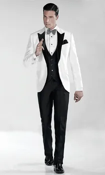 

(Jacket+Pants+Vest+Bow) 3 Pieces Slim Fit White Men Suits With Big Black Peak Lapel Men's Party Wear Bridegroom Wedding Tuxedos