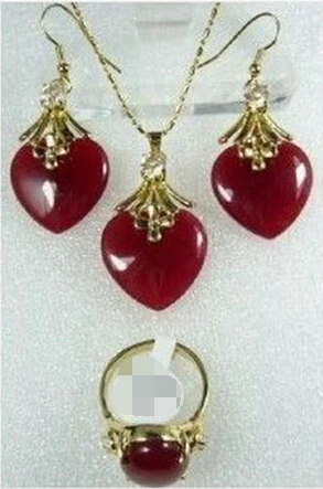 

FREE SHIPPING>>@> free shipping 00774 Nice Red jade Necklace Earrings Ring Set Natural jewelry