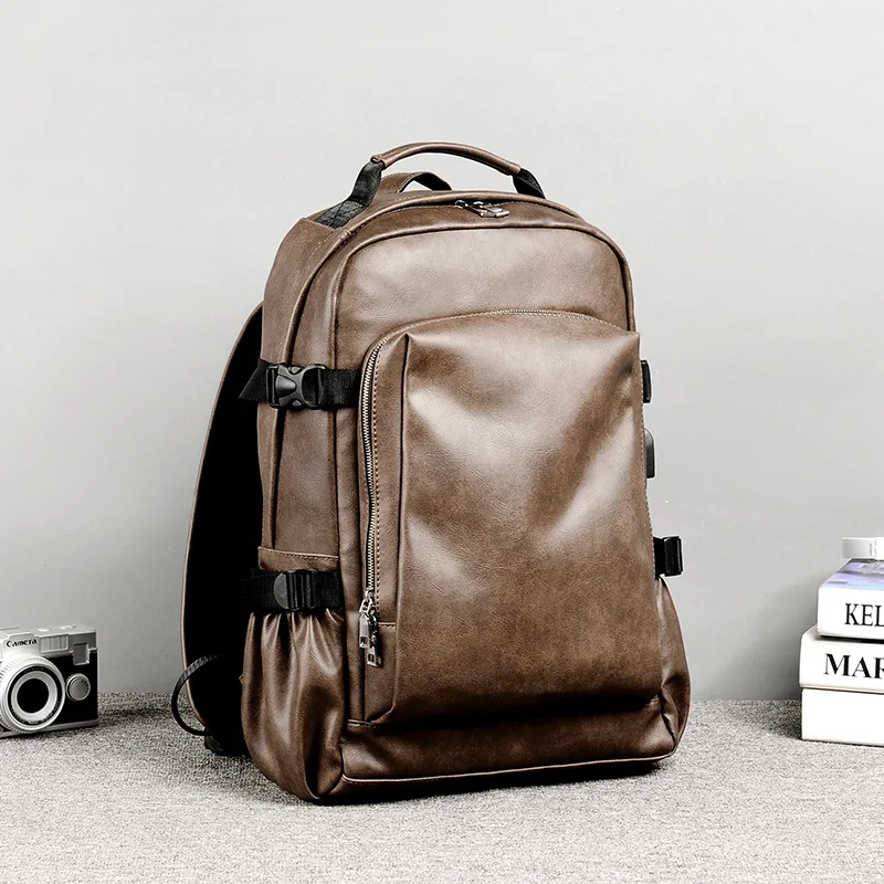  PU Leather Travel Backpack 14inch Notebook Laptop Backpack Male Large Capacity Backpack for Men and