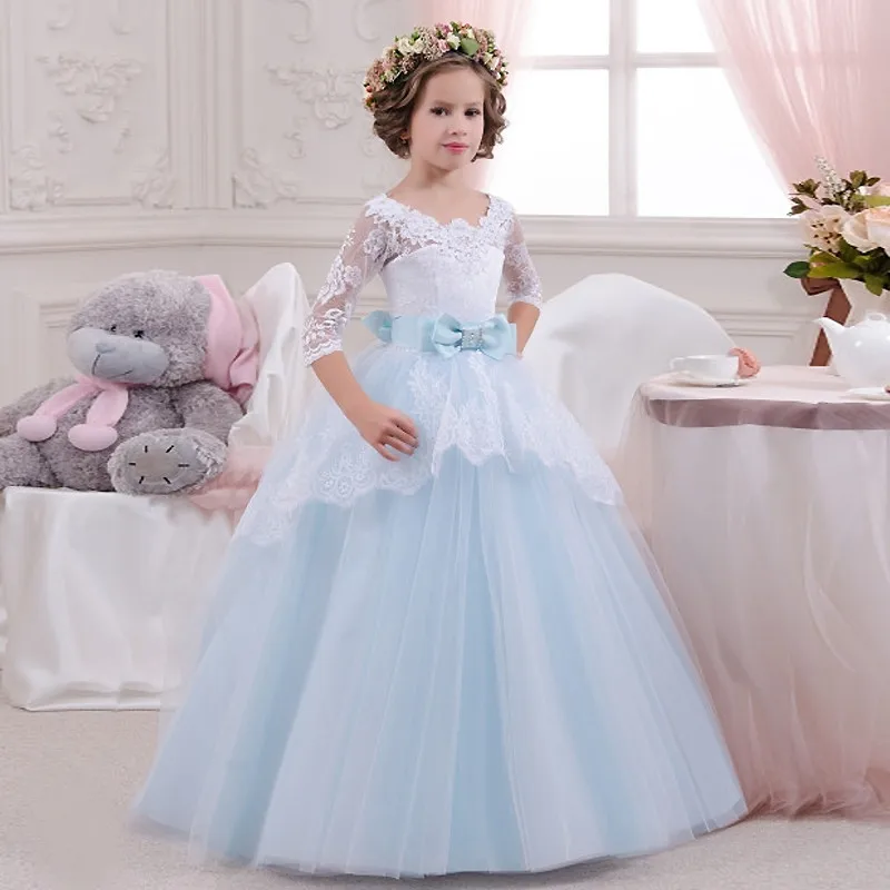 

Sky Blue Girls Pageant Dresses Three Quarter O-Neck with Bow Girls Long Pageant Dresses Communion Dresses Custom Any Size