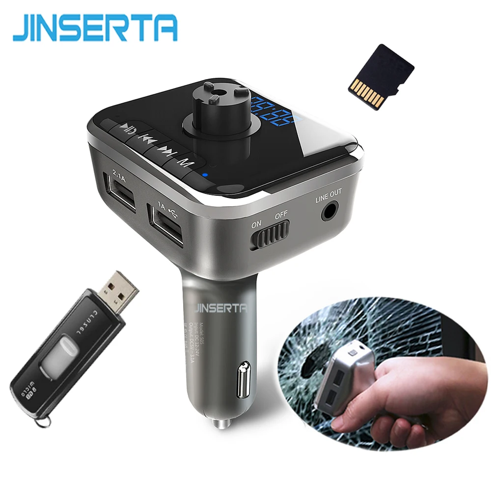 

JINSERTA Bluetooth FM Transmitter Handsfree Car Kit MP3 Player TF U Disk Audio Receiver w/ Car Emergency Rescue Safety Hammer