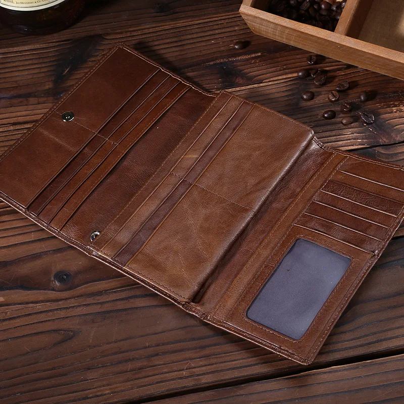 Men's Natural Cowhide Leather Long Trifold Wallet Card Case Pursein