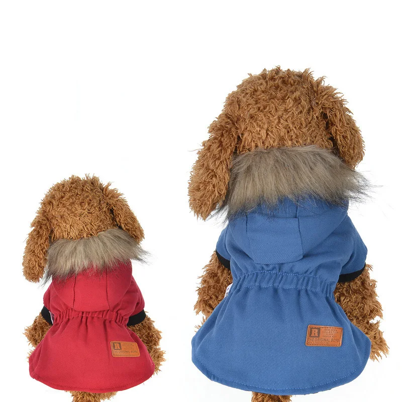 Зимняя одежда для собак Теплая стеганая куртка для собаки пальто свитер с капюшоном для маленьких средних собак кошек щенков меховой воротник милое платье