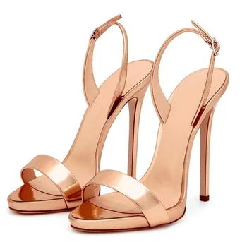 

Plus Size 13 Gold Patent Leather Women Slingback Sandals Cut-out Thin Heels Summer Dress Shoes Lady Wedding Party Shoes