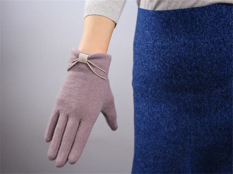 Чистая шерсть перчатки пять пальцев коричневый серый Bean Цвет осень-зима эластичные трикотажные женские, с бантиком перчатки TB104