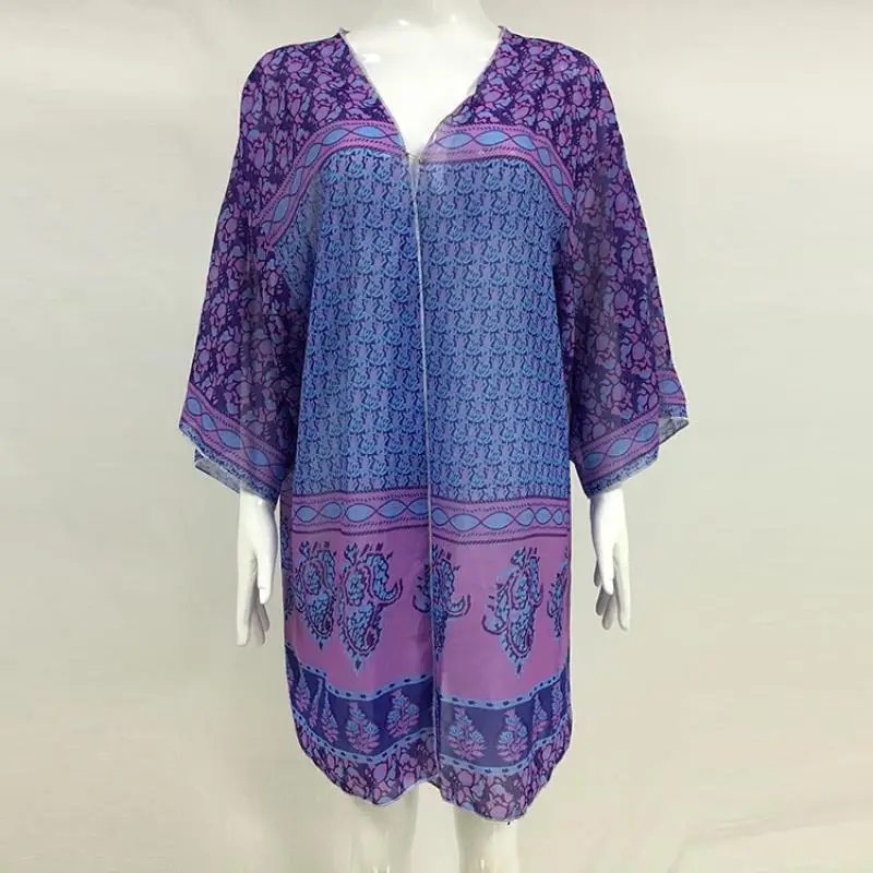 Women's V-neck fresh and sweet ethnic style collar bohemian beach chiffon printed blouse loose casual office femme blouse shirt