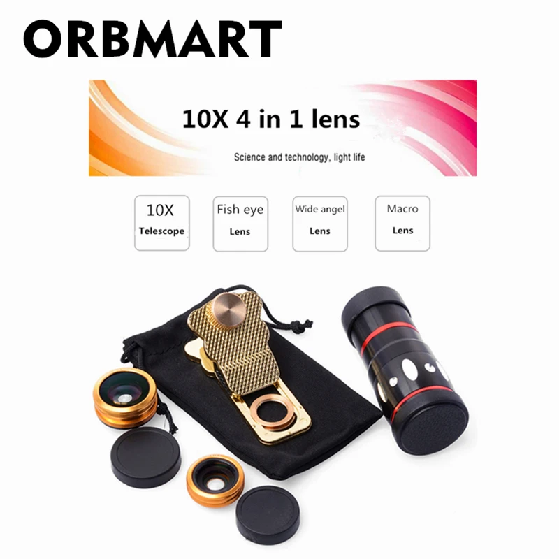 Orbmart-telescópio Universal em Lentes com Zoom de 10x Olho de Peixe Lente Macro para Iphone se 6s Plus Samsung s7 s6 Redmi
