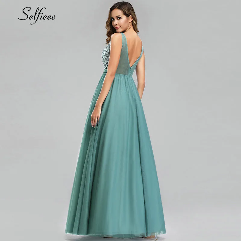 Billige Neue Mode Blau EINE Linie V Ansatz Backless Frauen Kleider Elegante Appliques Spitze Lange Sommer Maxi Kleid Für Party Robe de Soiree