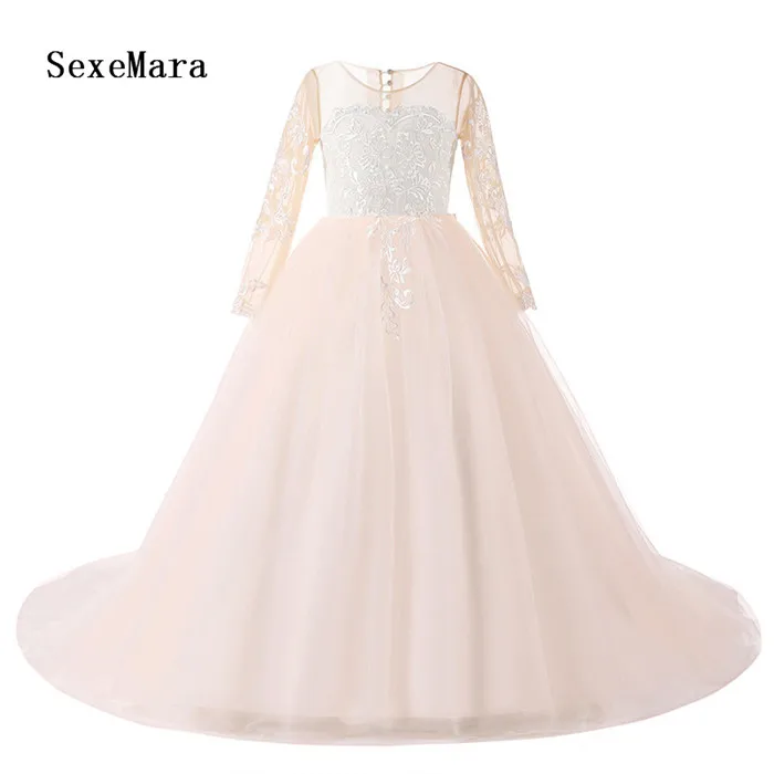 

2019 Real Picture Flower Girl Dress for Weddings Long Sleeves Ball Gown Puffy Tulle Lace First Communion Dresses Custom Made