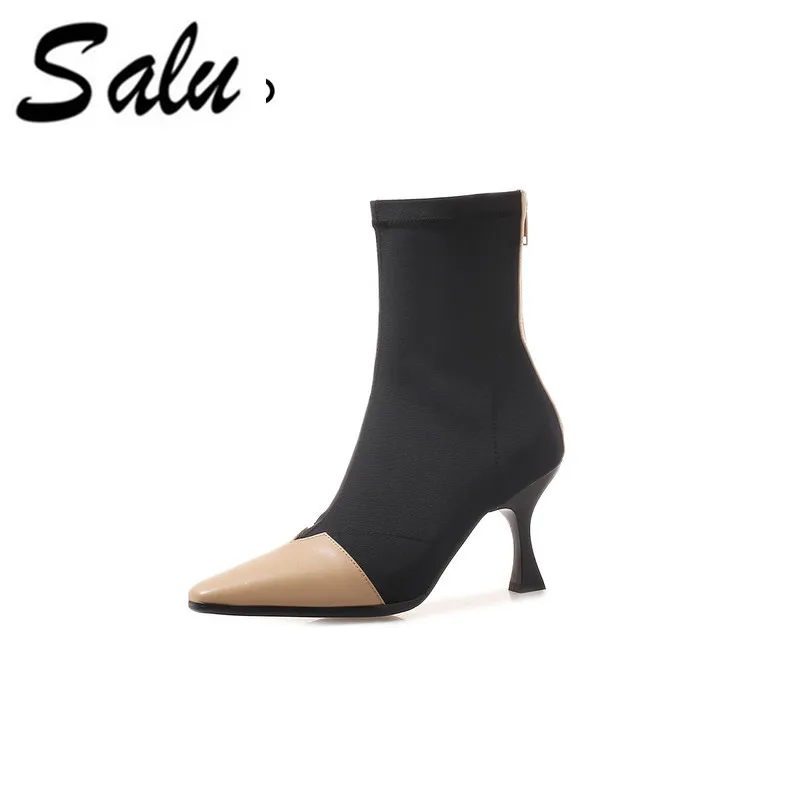 Salu Classic elegant Ankle Boots pointed Toe thin heels women shoes genuine leather Ladies single boots