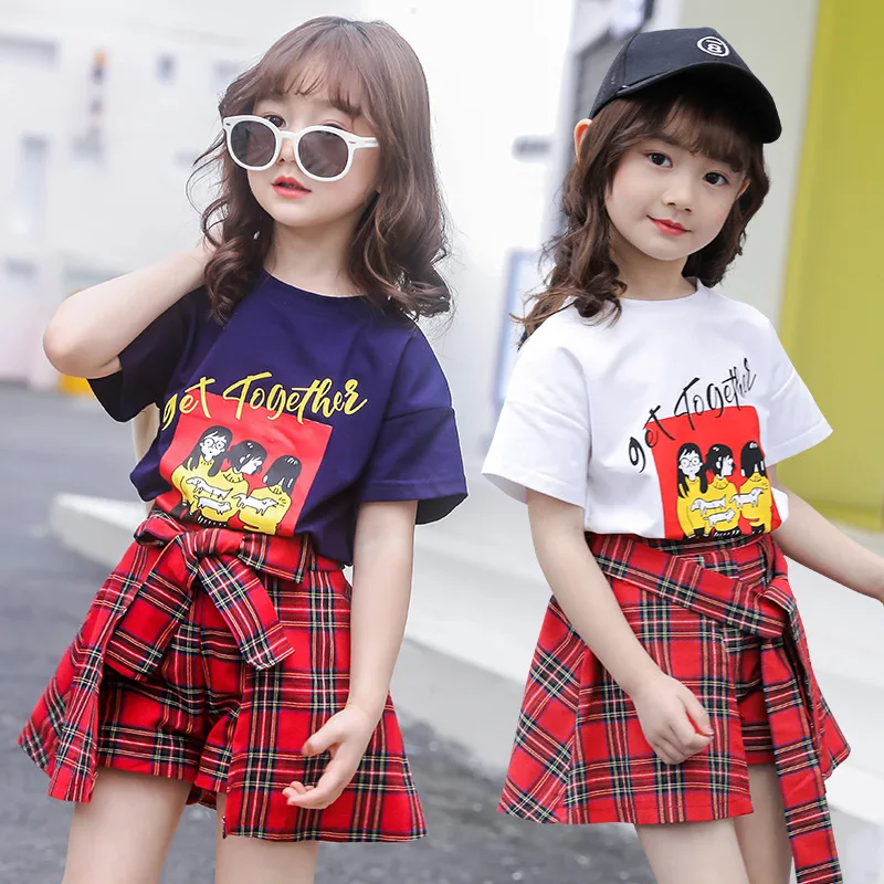 

Kids Fashion Teenage Girls Clothing Cartoon Cotton Girls Short Sets Summer Clothes for Kids Girl Cute Plaid Skirt Shorts T-shirt