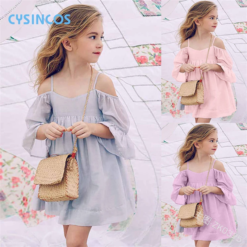 

Spring Autumn Girl Off Shoulder Dress Kids Ruffles Gown Girls Solid Robe Soft Cotton Summer Princess Dresses Children Clothes