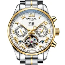 Carnival Mens Multifunction Holllow-out Dial Steel Watchband Automatic Self-Wind Mechanical Watch – gold bezel white dial