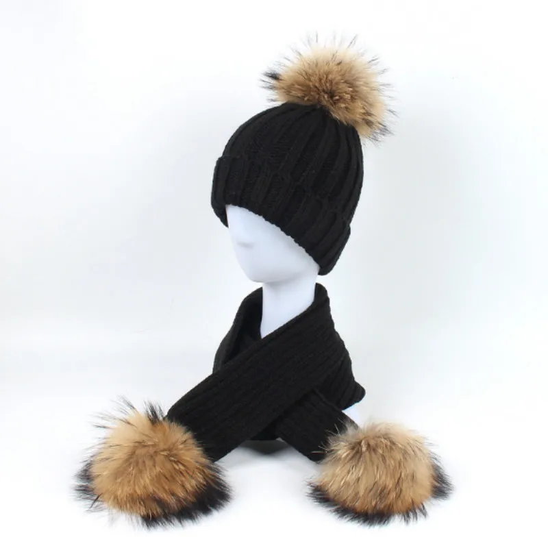 Настоящий крашеный помпон из меха енота, вязаная шапка, шарф, комплект для детей, натуральный мех, помпон, зимняя теплая шапка, шапка, шарф, комплекты - Цвет: raccoon black