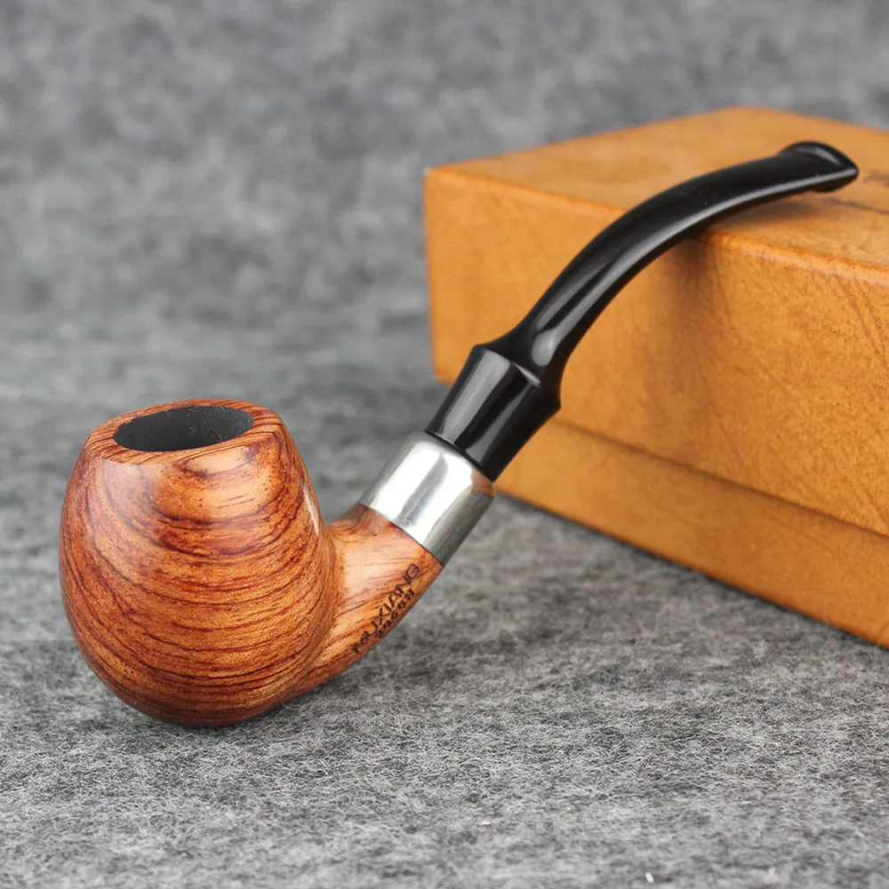 

RU- MUXIANG kevazingo wood Tobacco Bent Stem with Acrylic Saddle Mouthpiece Men Bent Wooden Smoking Pipe with 9 mm Filter ad0038