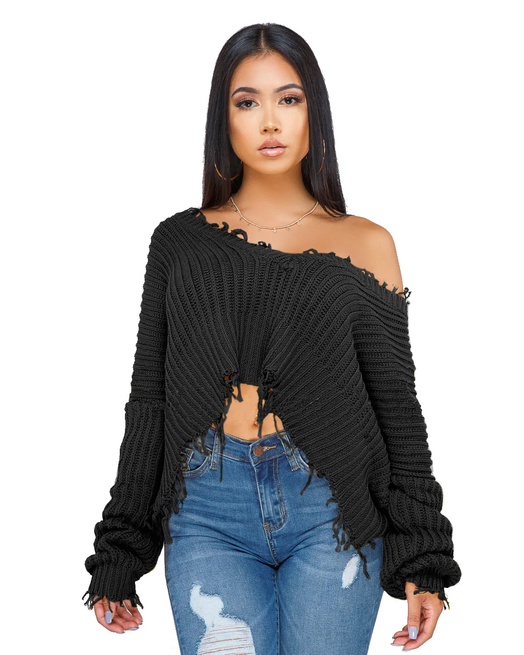Sweater Sexy Frayed Cropped Knit Oversized Pullover Soild Sweater Women Casual Crop Top Pullovers Short Pull Femme Sweater Sweater Sexy Frayed Cropped Knit Oversized Pullover Soild Sweater Women Casual Crop Top Pullovers Short Pull Femme Sweater