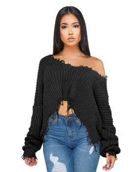 

Sweater Sexy Frayed Cropped Knit Oversized Pullover Soild Sweater Women Casual Crop Top Pullovers Short Pull Femme Sweater