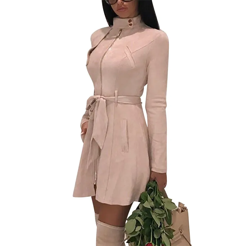 Tapakva women suede zipper dresses stand collar long sleeve solid color Dress high waist sashes A-Line dress female Tapakva women suede zipper dresses stand collar long sleeve solid color Dress high waist sashes A-Line dress female