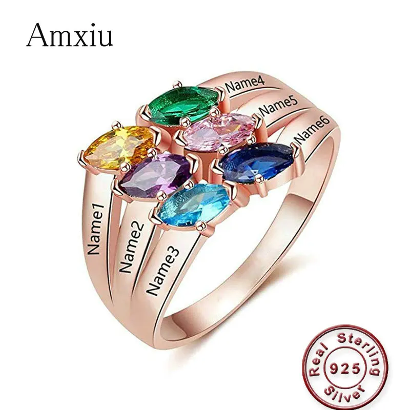 

Amxiu Engrave Six Names 925 Sterling Silver Ring with Birthstones Custom Large Zircons Rings For Women Mother's Gift Accessories