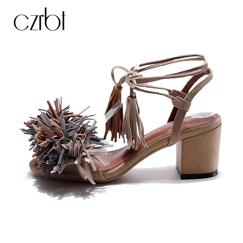 

CZRBT Top Selling Women Sandals High Heel Sandals Summer Fashion Mixed Colors Fringe Ankle Strap Women Shoes 6 CM Casual Pumps