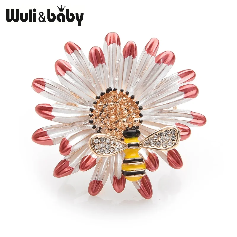 Женская/мужская брошь в виде цветка Wuli&baby, желтая эмалированная брошь в форме цветка маргаритки с пчелой, из металлического сплава, со стразами, подарок для вечеринки