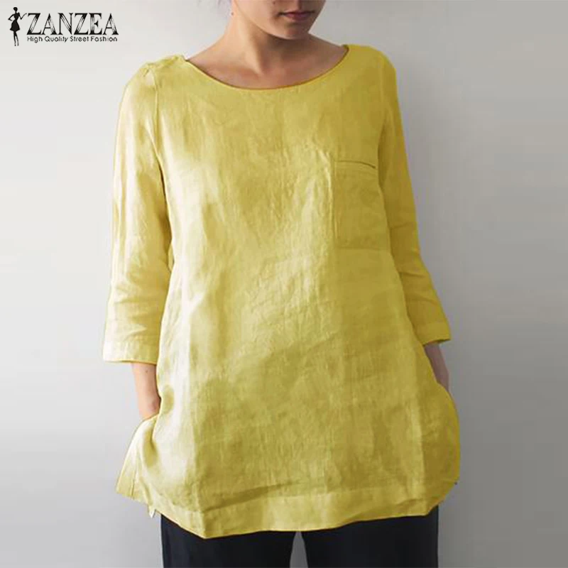  Summer O Neck 3/4 Sleeve Blouse Women Cotton Linen Tops ZANZEA Robe Femme Work Shirt Loose Chemise 