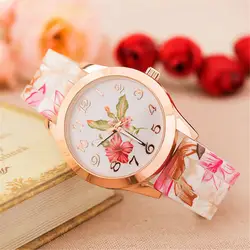 Для женщин ретро; Сельский стиль Dames смотреть силиконовый с цветочным рисунком кварцевые наручные часы, круглые Смарт часы цифровой