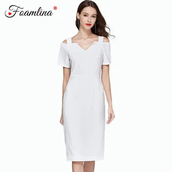 

Foamlina Elegant Office Ladies Pencil Dress Solid V Neck Strap Cutout Short Sleeve Casual Women Summer Work Midi Pencil Dress
