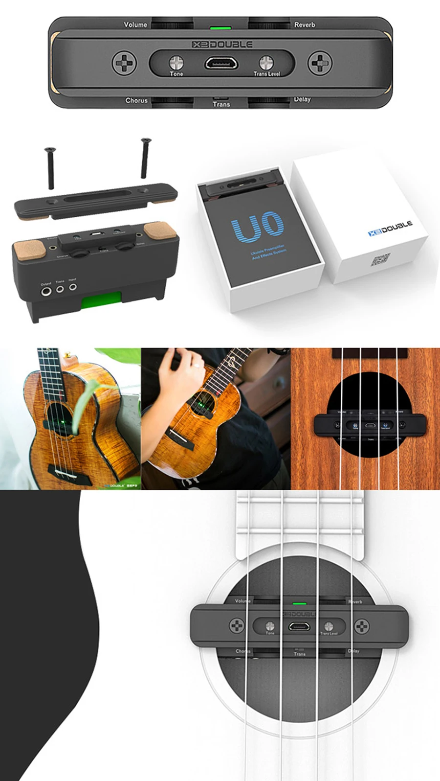 Двойной U0 звукосниматель для укулеле встроенный хор задержка реверберации эффекты Soundhole двухканальный pick Up система акустические аксессуары для гавайской гитары
